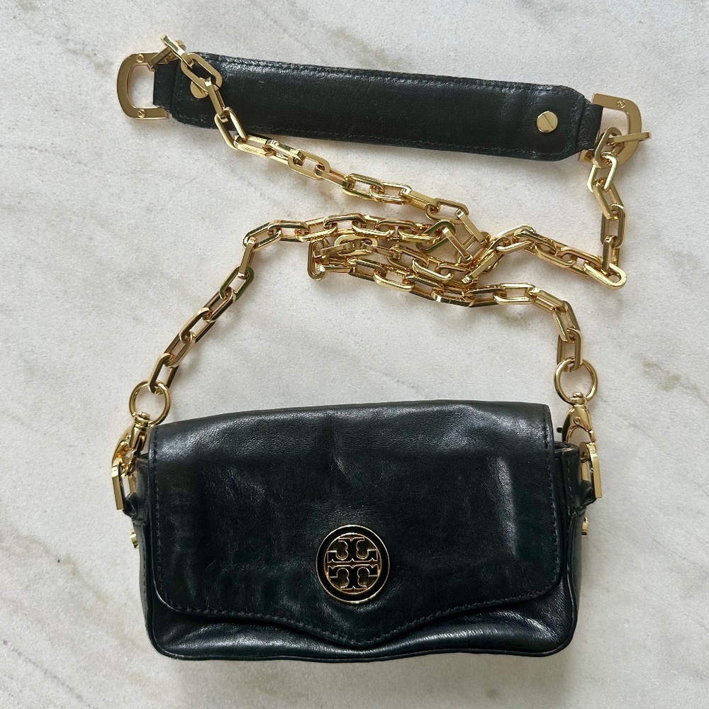 Tory Burch Mini Robinson Crossbody Purse, Black Leather with Gold Chain